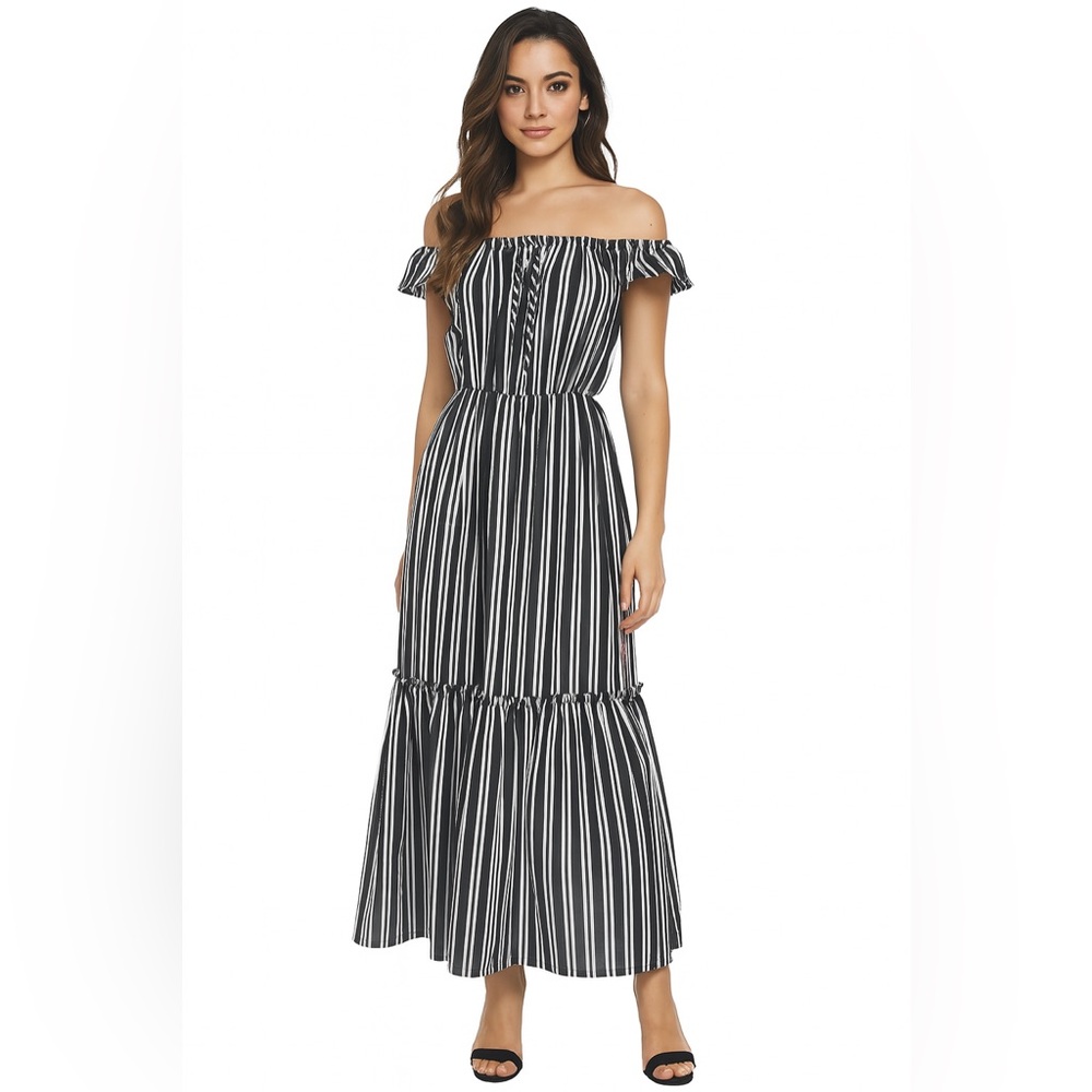 Fashion Nova Black and White Striped off shoulder Dress